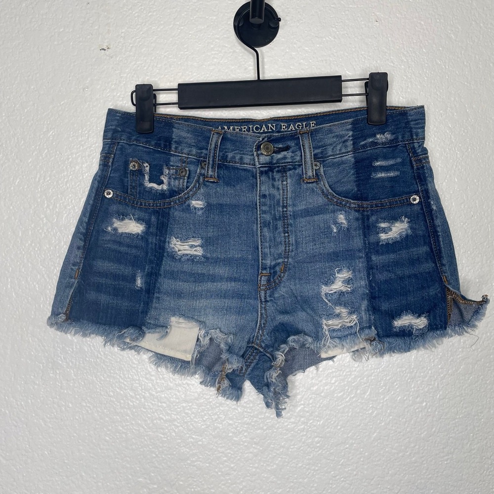 American Eagle Vintage Hi-Rise Festival Distressed Denim Shorts Blue Womens 2